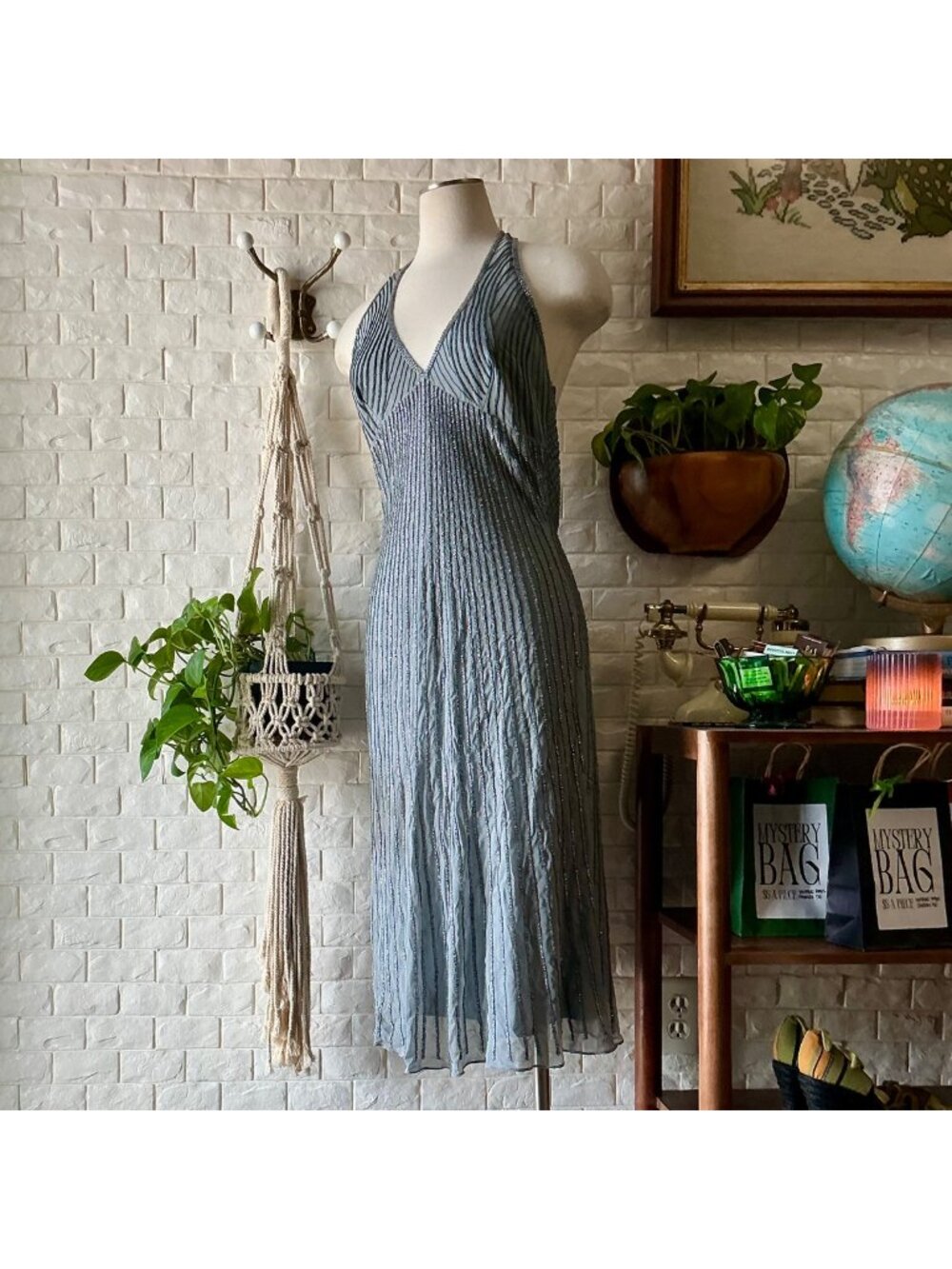 Vintage 90s Y2K Abstract Ornately Beaded 100% Silk Chiffon Midi Halter Dress